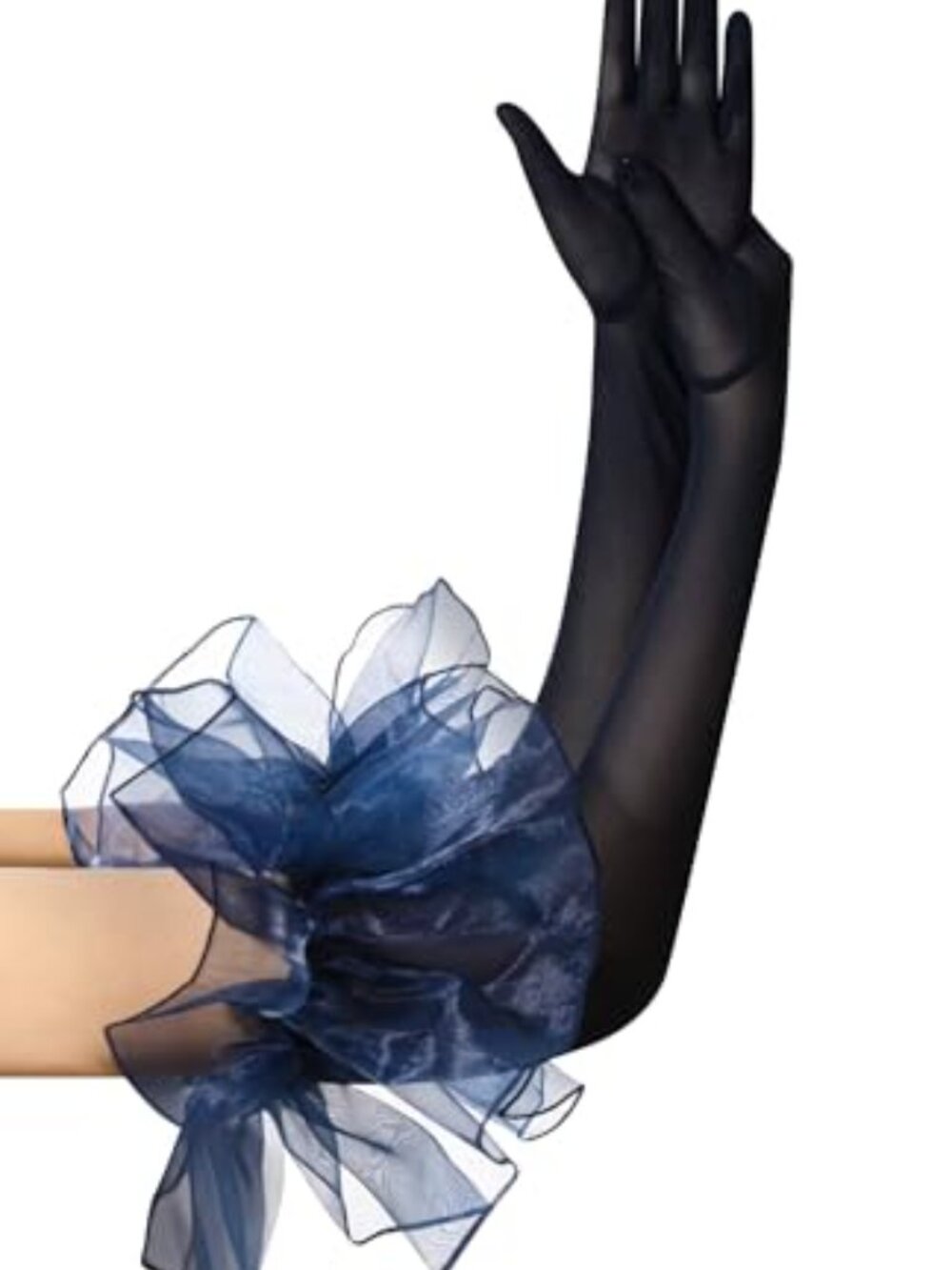Women's Long Puff Sleeve Oversize Ruffle Cuff Sheer Gloves Tulle Mesh Gloves - Picture 2 of 2